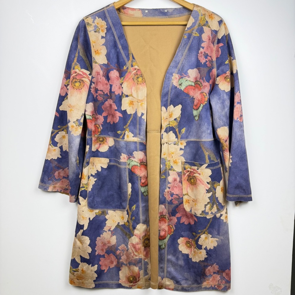 Solitaire by Anthropology Floral Butterfly Print  Faux Suede Long Cardigan M